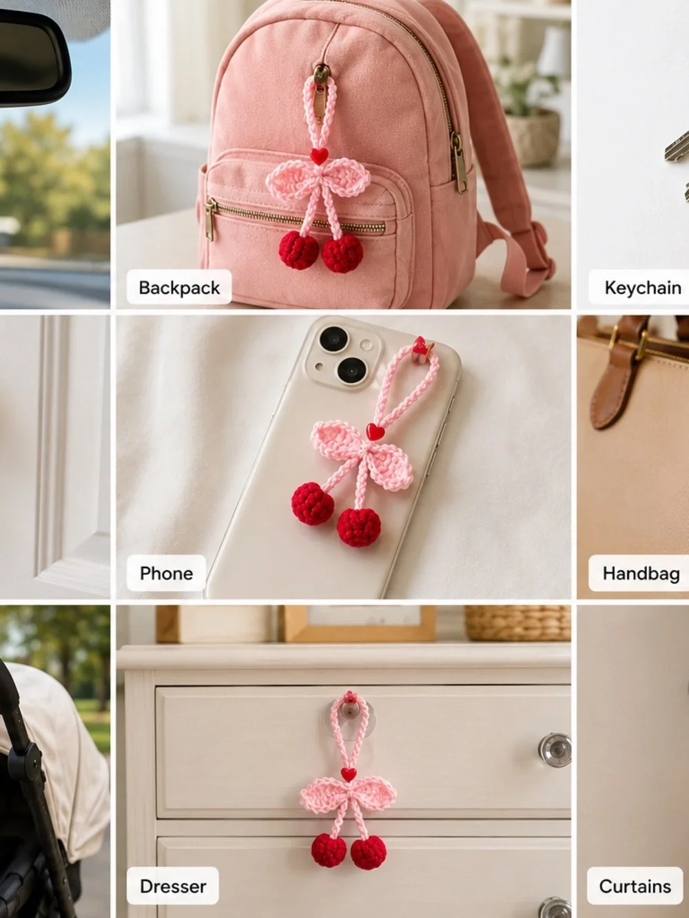 Handmade Pink & Red Crochet Cherry Keychain Accessory